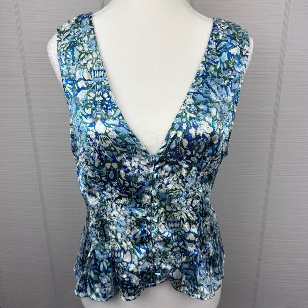 Free People Dancing Wishes Tank Top Blouse Silky Blue Green Print Button Up